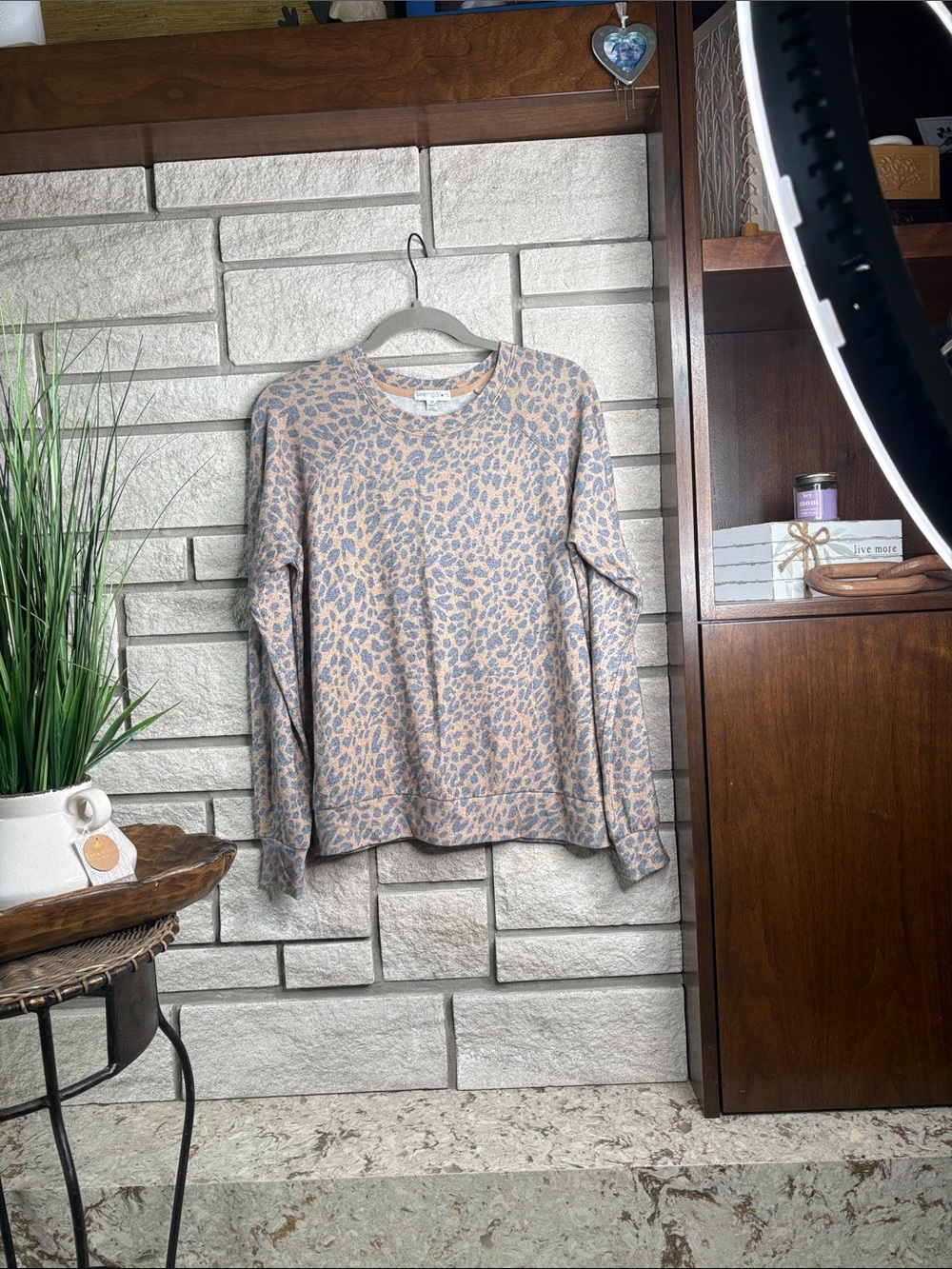 Leopard Print Long Sleeve Top in Taupe and Blue